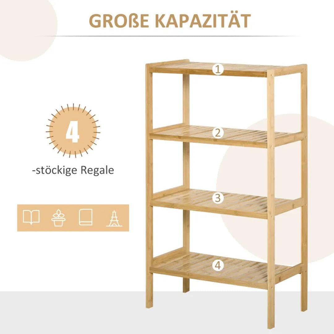 Vrijstaande boekenkast met 4 planken – bamboe – opbergrek voor kantoor, keuken en woonkamer – natuurlijk – 62 x 33 x 112 cm