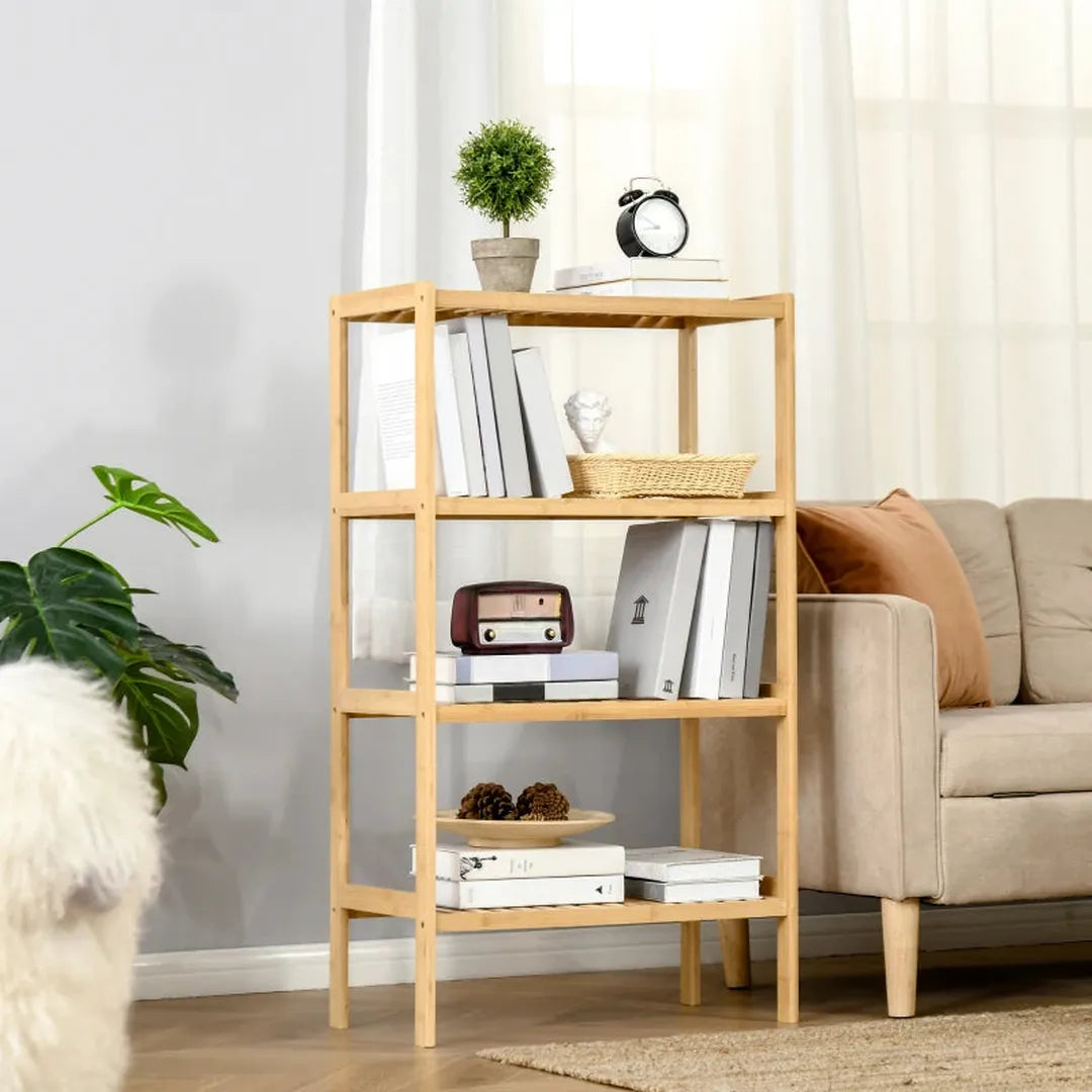 Vrijstaande boekenkast met 4 planken – bamboe – opbergrek voor kantoor, keuken en woonkamer – natuurlijk – 62 x 33 x 112 cm