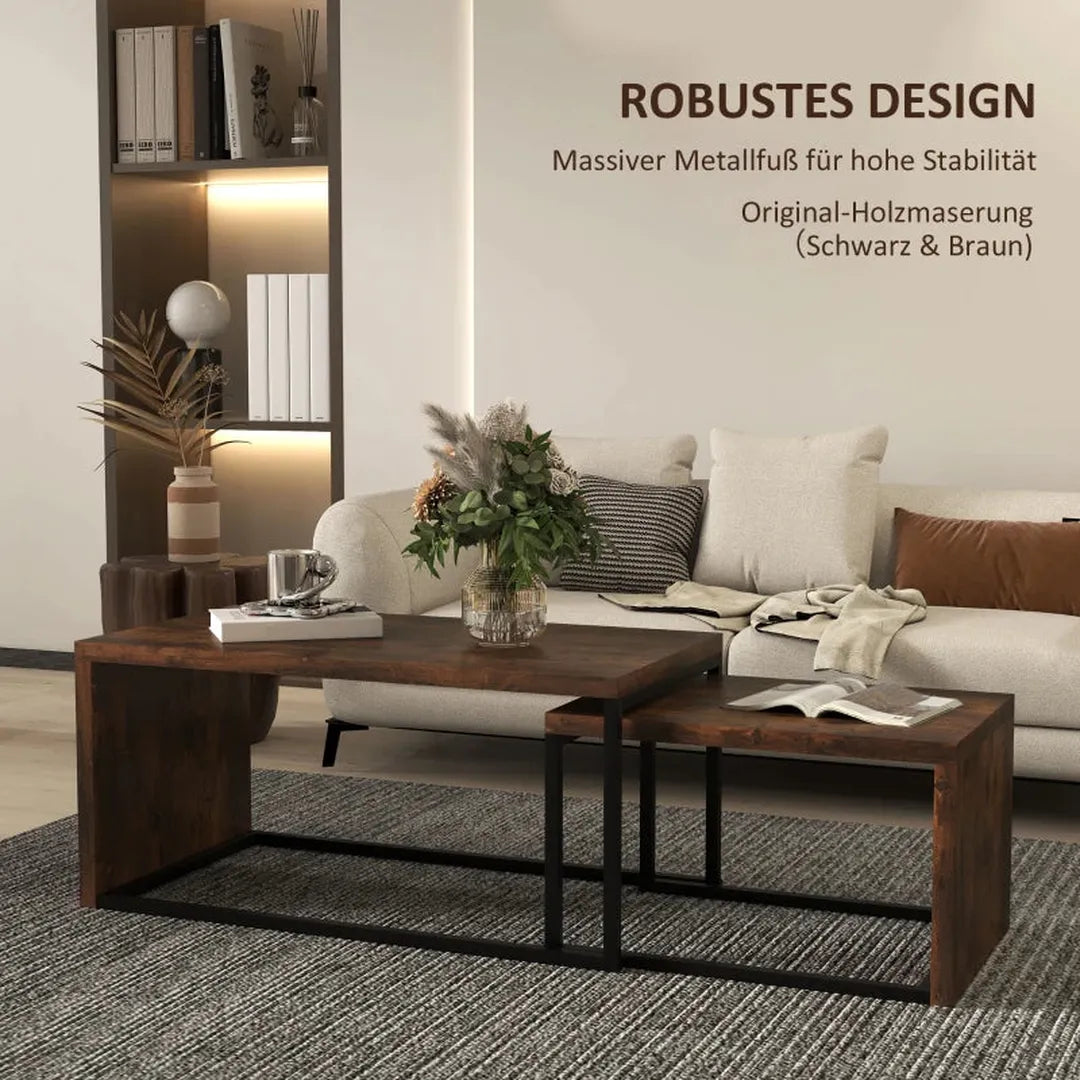 Set van 2 salontafels – Ovaal MDF tafelblad met metalen frame – Zwart en bruin – 90x48x42 cm & 59x42x36 cm