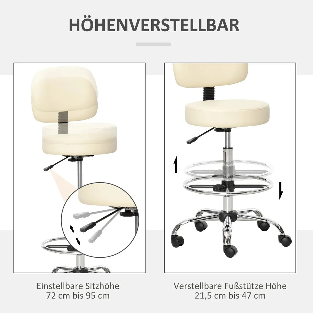 Barstoel met 360° Draai – Hoogteverstelbaar, Met Wielen en Rugleuning van Kunstleer, Beige, 56 x 57 x 104-127 cm