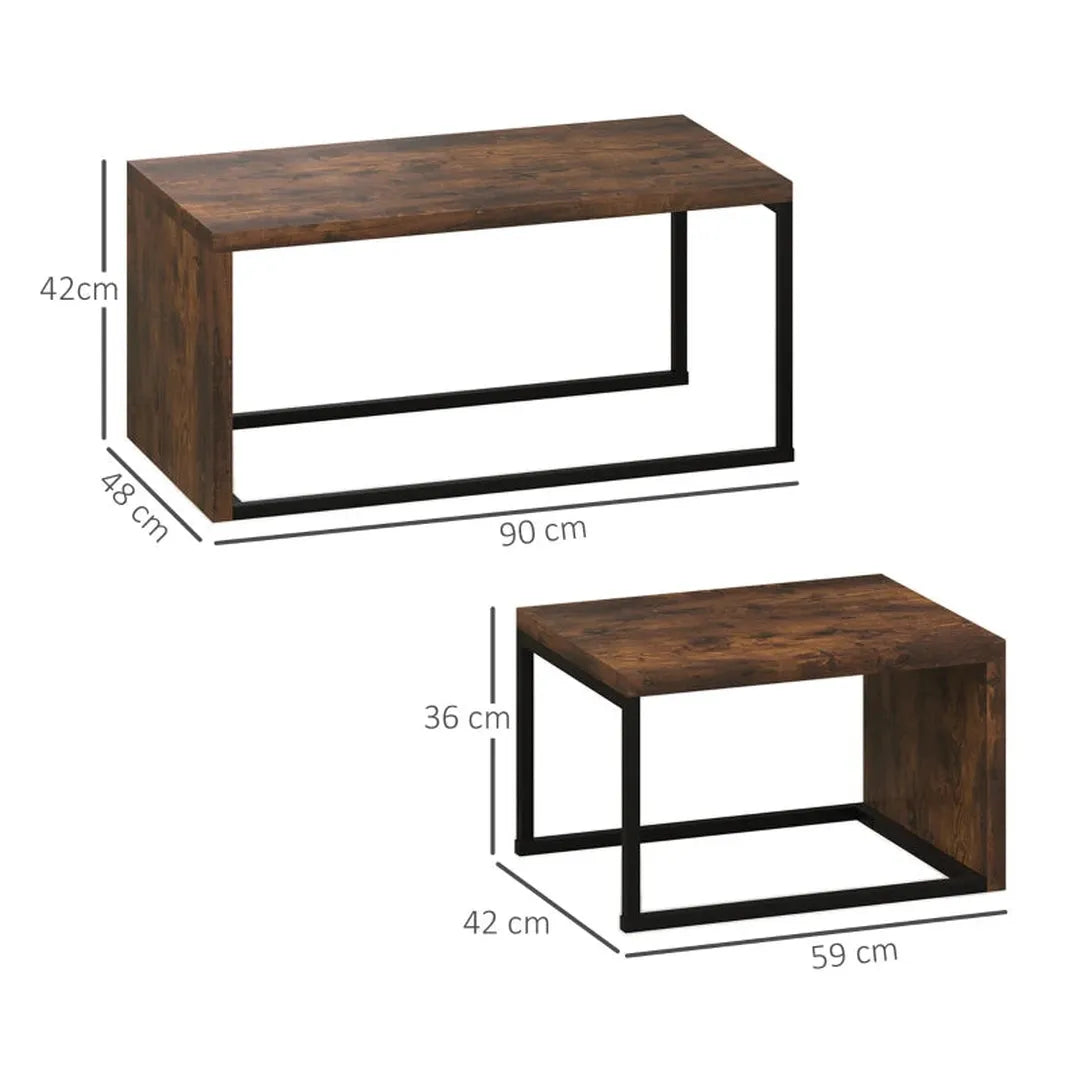 Set van 2 salontafels – Ovaal MDF tafelblad met metalen frame – Zwart en bruin – 90x48x42 cm & 59x42x36 cm