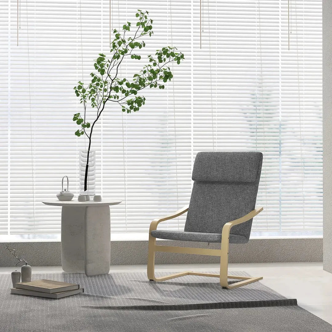 Fauteuil met hoofdsteun en armleuningen – linnen-look bekleding – houten frame – 85 x 75 x 90 cm
