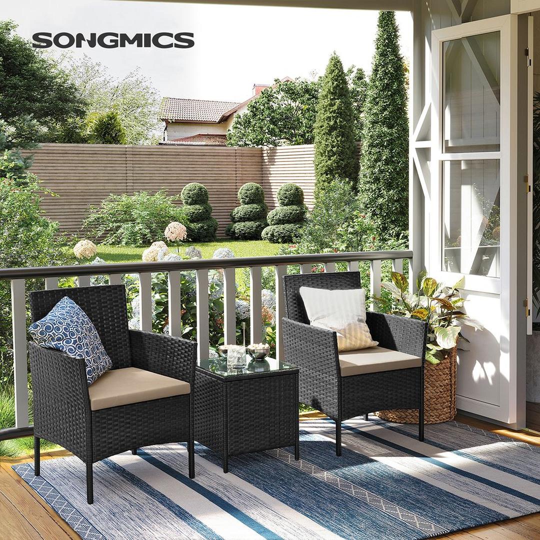 Tuinmeubelset van PE polyrattan met metalen frame – inclusief tafel met gehard glazen blad en 5 cm kussens