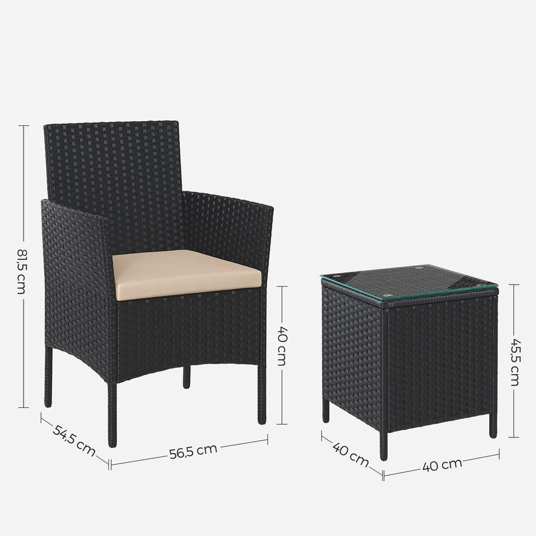 Tuinmeubelset van PE polyrattan met metalen frame – inclusief tafel met gehard glazen blad en 5 cm kussens