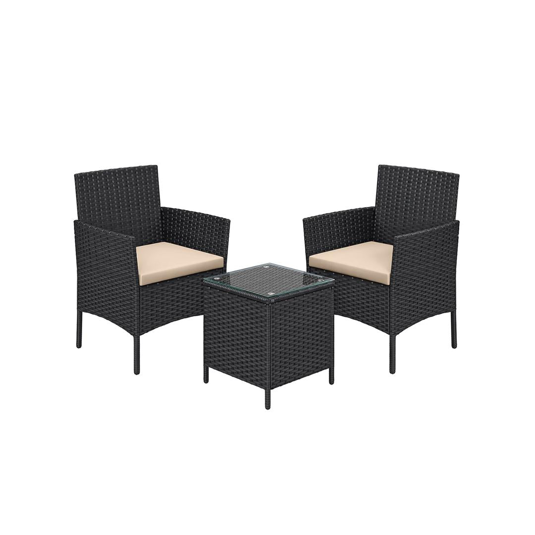 Tuinmeubelset van PE polyrattan met metalen frame – inclusief tafel met gehard glazen blad en 5 cm kussens
