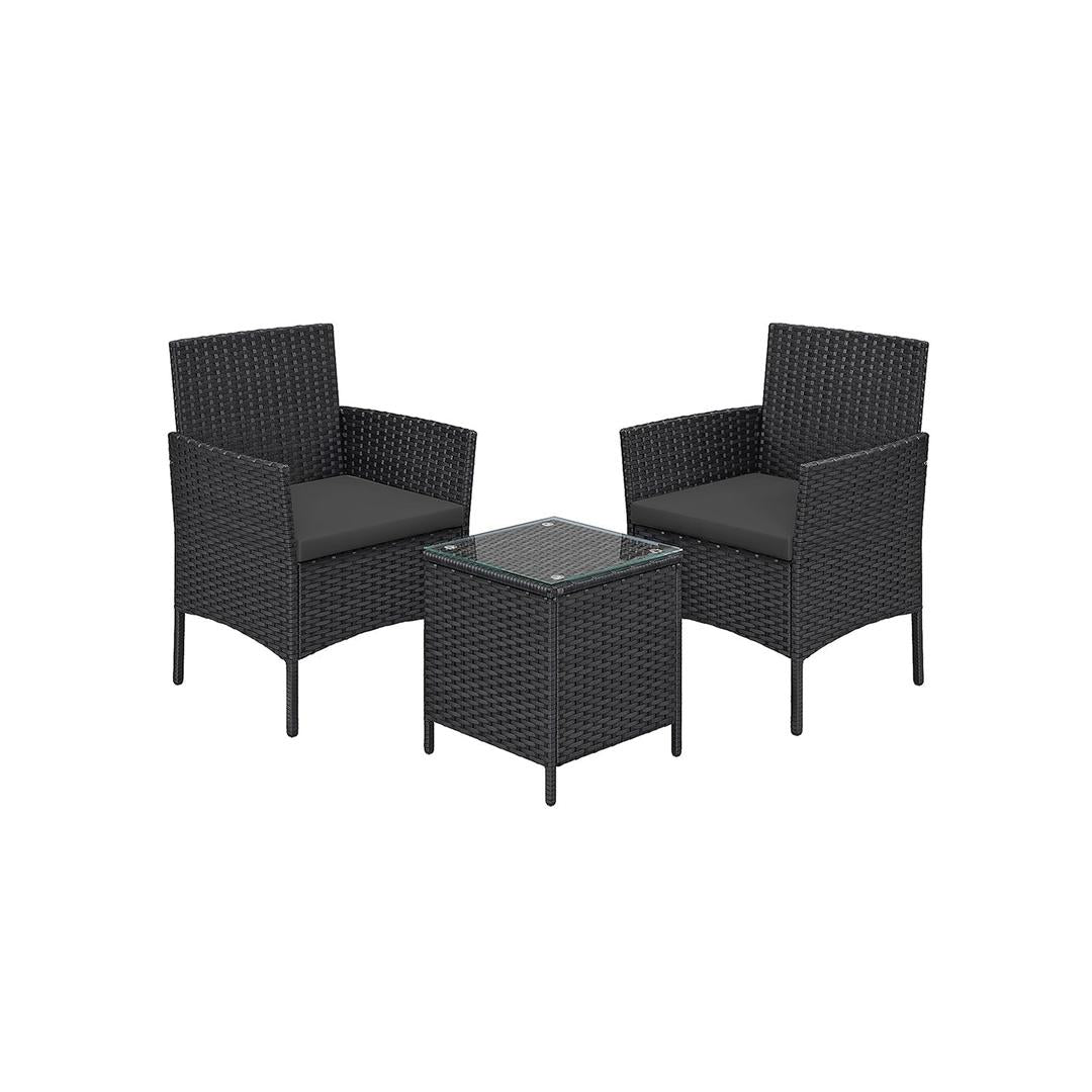 Tuinmeubelset van PE polyrattan met metalen frame – inclusief tafel met gehard glazen blad en 5 cm kussens