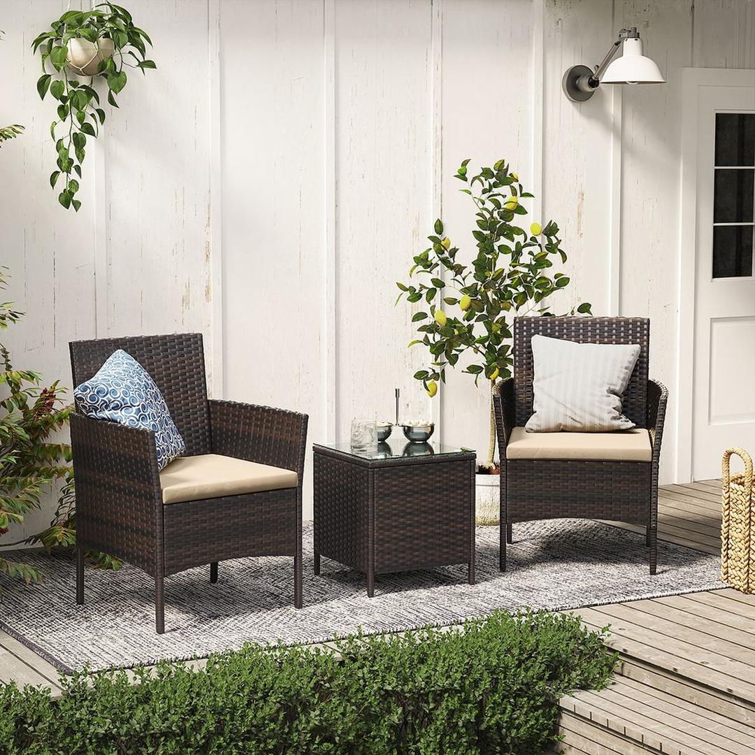 Tuinmeubelset van PE polyrattan met metalen frame – inclusief tafel met gehard glazen blad en 5 cm kussens