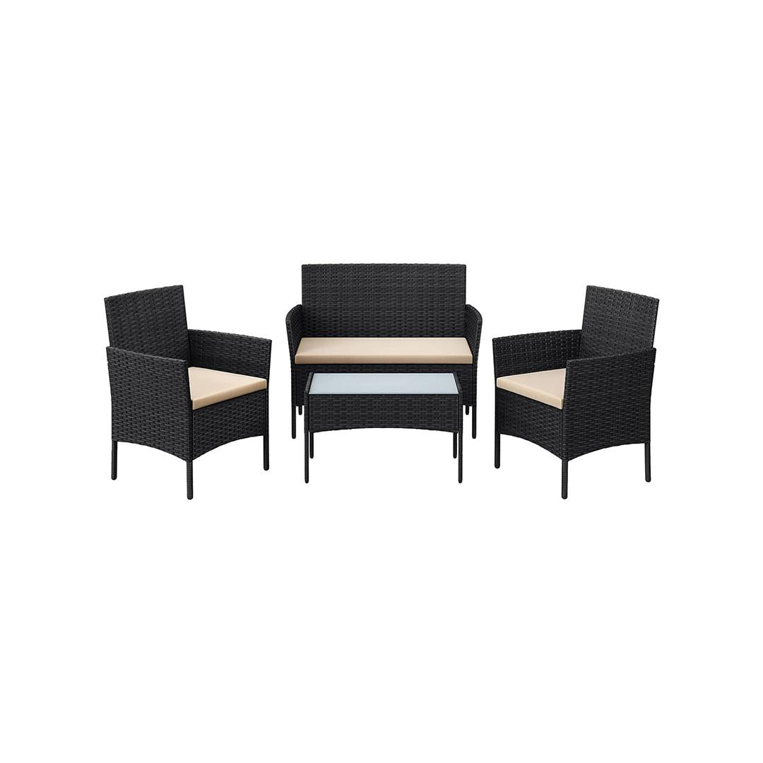 Balkonmeubelset 4-delig met kussens – poly rattan en metalen frame – glazen tafelblad – 5 cm zitkussens