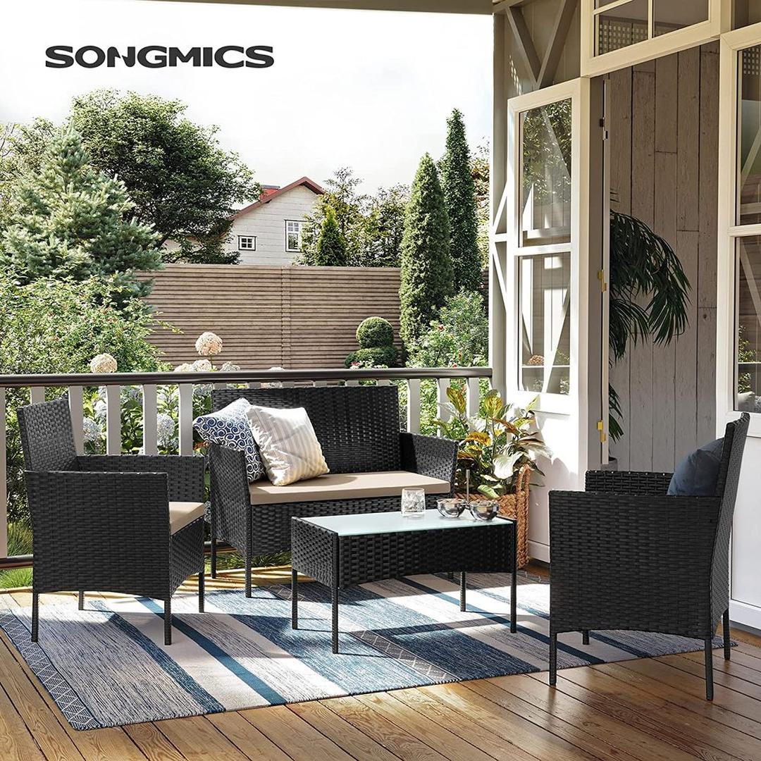 Balkonmeubelset 4-delig met kussens – poly rattan en metalen frame – glazen tafelblad – 5 cm zitkussens