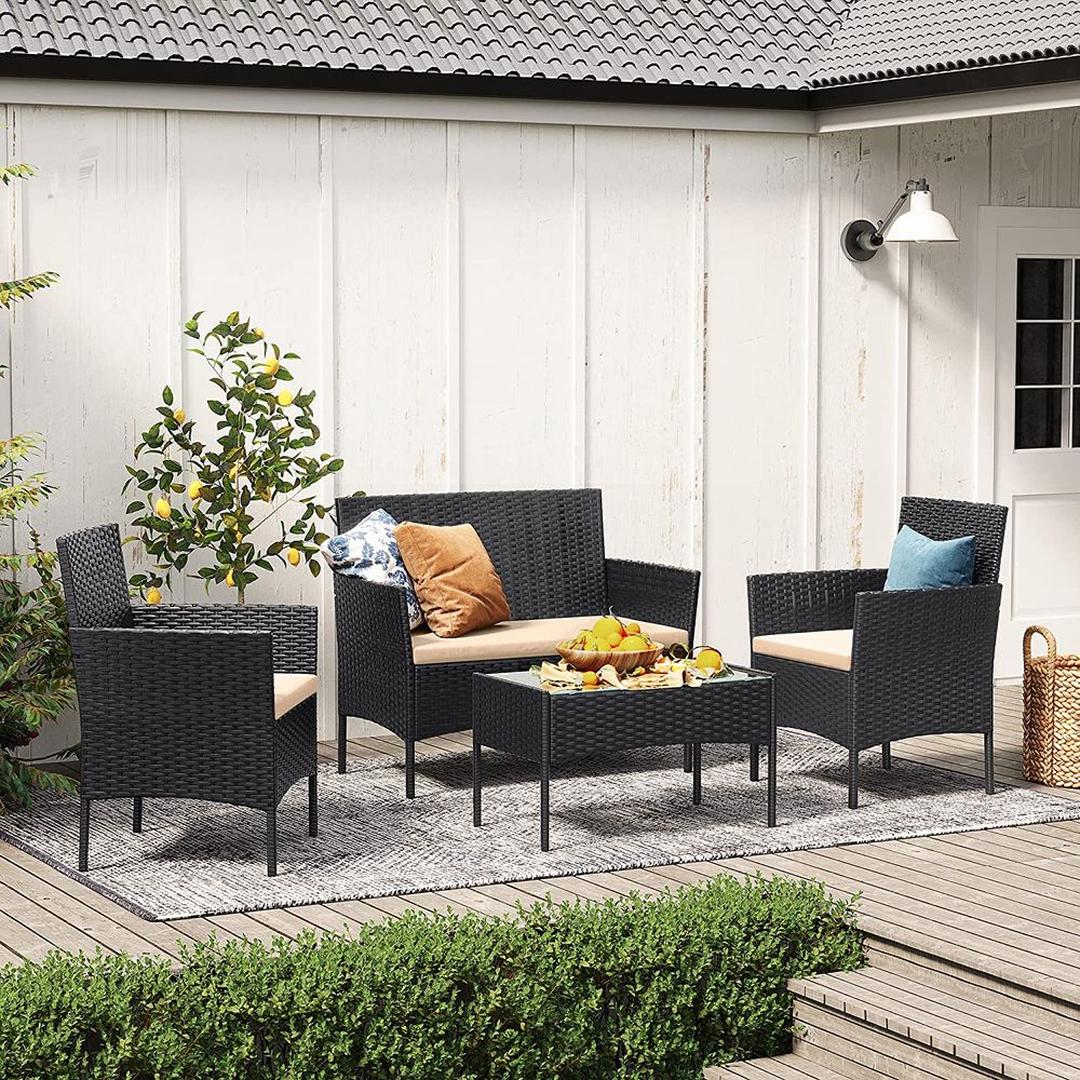 Balkonmeubelset 4-delig met kussens – poly rattan en metalen frame – glazen tafelblad – 5 cm zitkussens