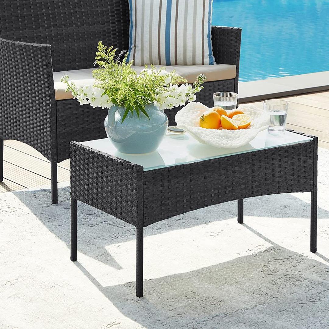 Balkonmeubelset 4-delig met kussens – poly rattan en metalen frame – glazen tafelblad – 5 cm zitkussens
