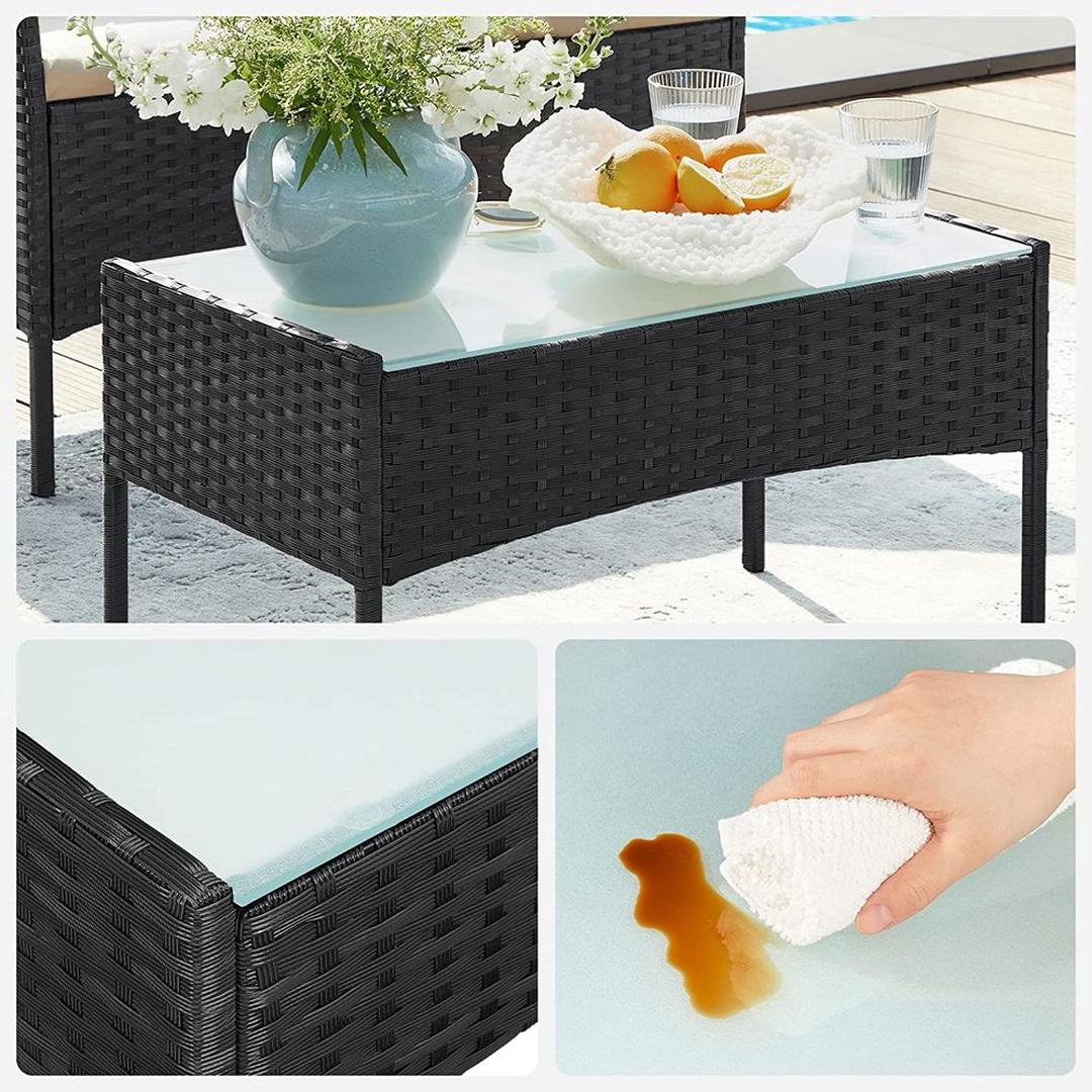 Balkonmeubelset 4-delig met kussens – poly rattan en metalen frame – glazen tafelblad – 5 cm zitkussens