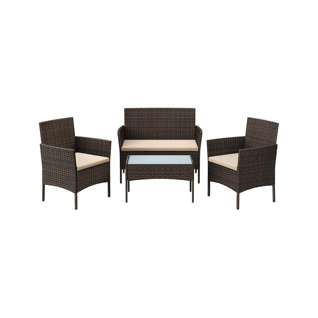 Balkonmeubelset 4-delig met kussens – poly rattan en metalen frame – glazen tafelblad – 5 cm zitkussens