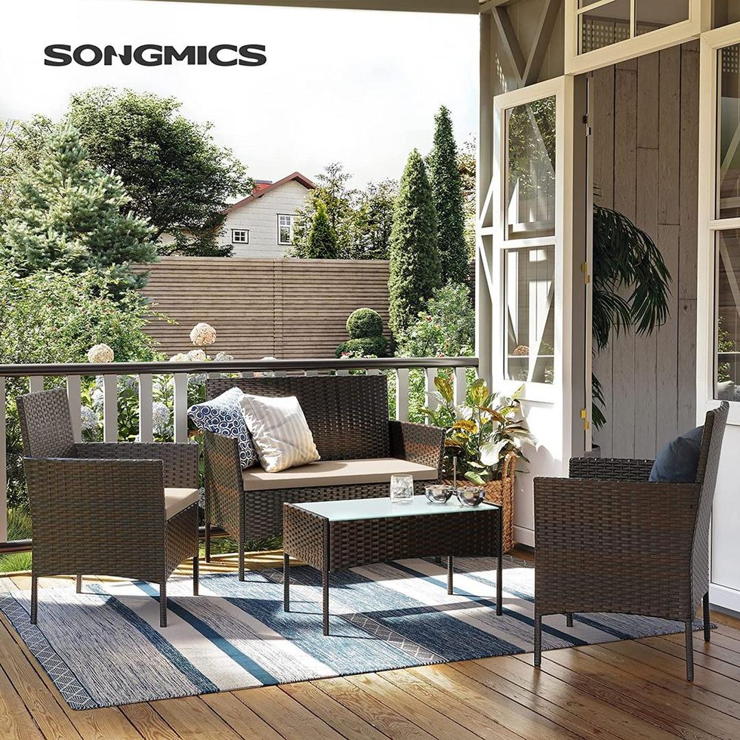 Balkonmeubelset 4-delig met kussens – poly rattan en metalen frame – glazen tafelblad – 5 cm zitkussens