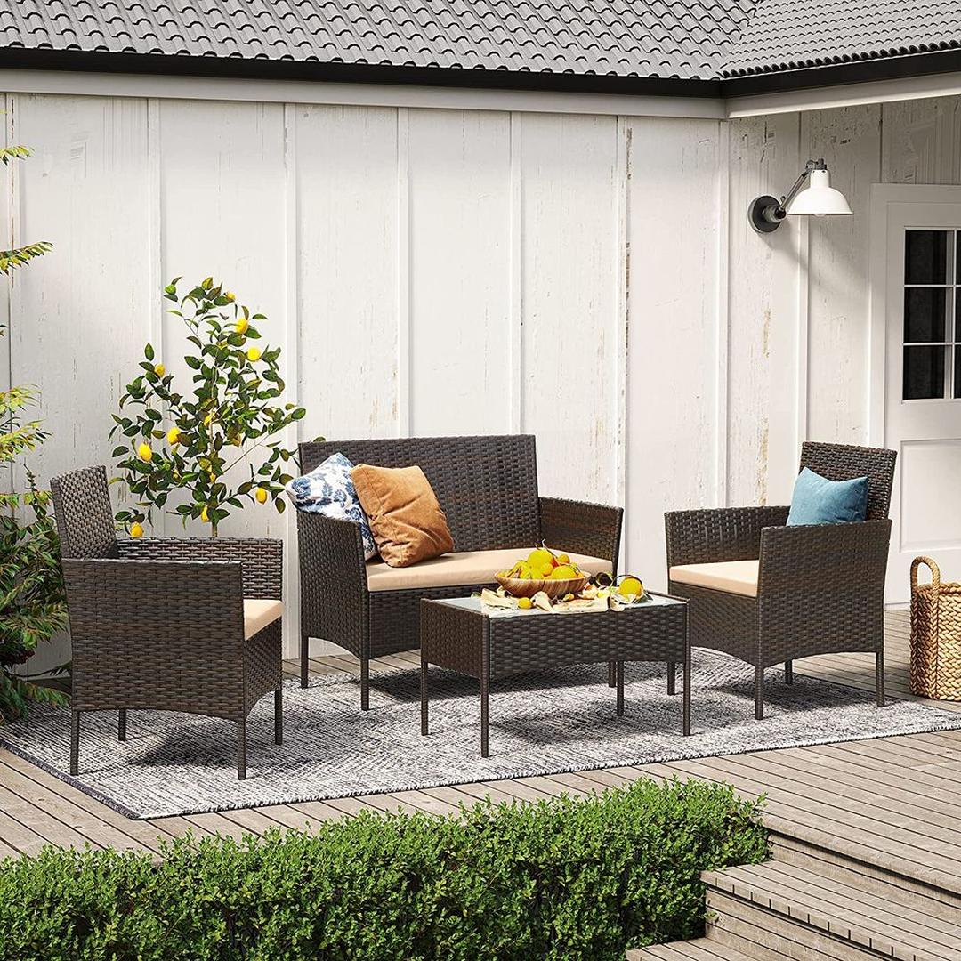 Balkonmeubelset 4-delig met kussens – poly rattan en metalen frame – glazen tafelblad – 5 cm zitkussens