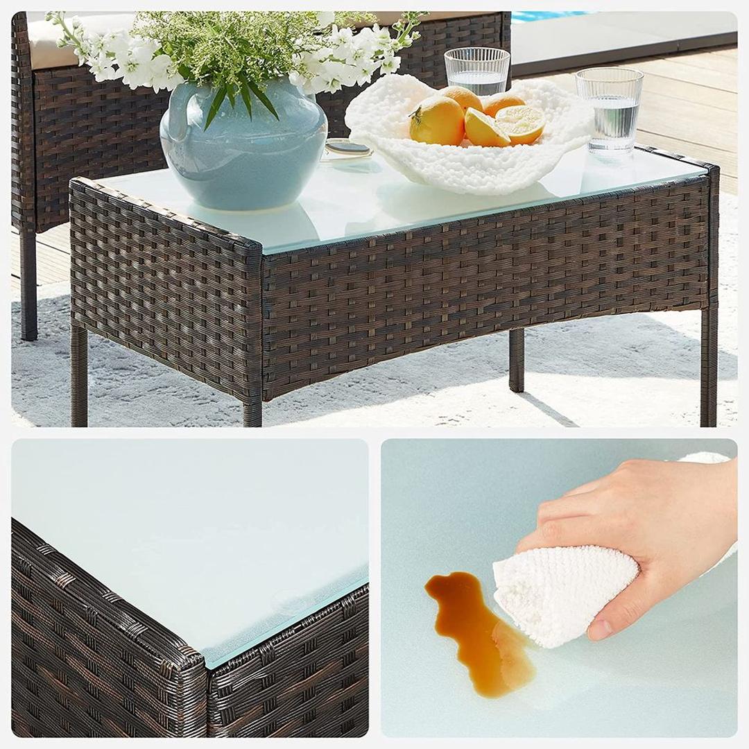 Balkonmeubelset 4-delig met kussens – poly rattan en metalen frame – glazen tafelblad – 5 cm zitkussens