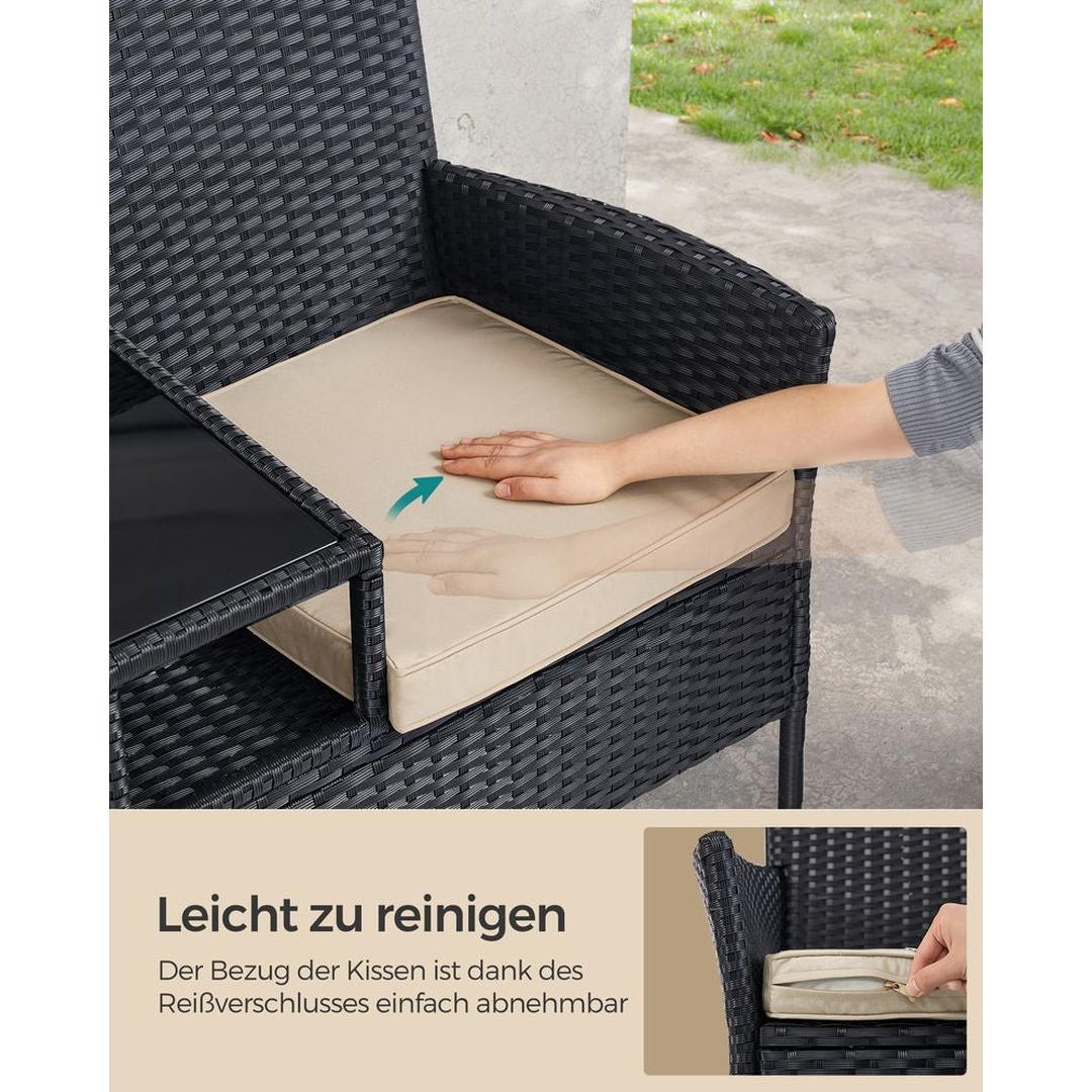 Balkonmeubel van PE polyrattan met tafel – 65 x 131 x 84 cm – metalen frame – draagkracht 130 kg per zitplaats