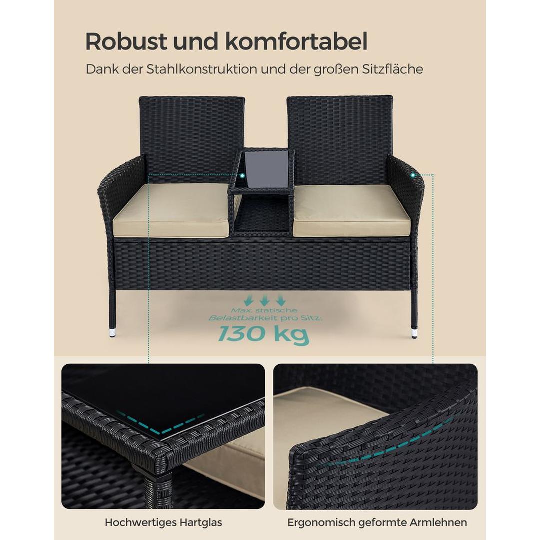 Balkonmeubel van PE polyrattan met tafel – 65 x 131 x 84 cm – metalen frame – draagkracht 130 kg per zitplaats