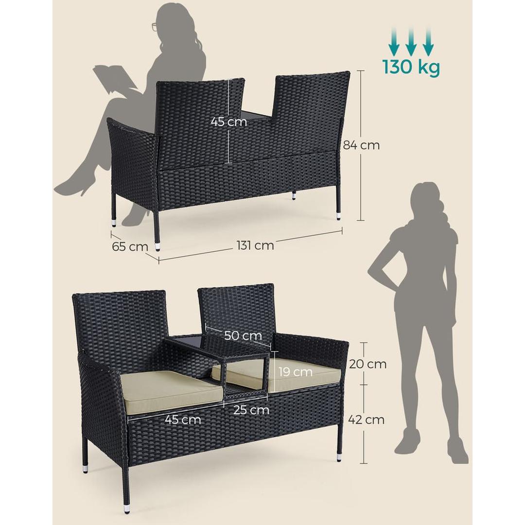 Balkonmeubel van PE polyrattan met tafel – 65 x 131 x 84 cm – metalen frame – draagkracht 130 kg per zitplaats