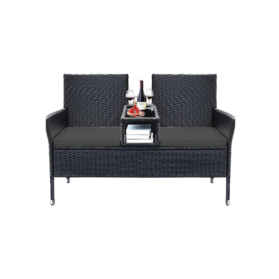 Balkonmeubel van PE polyrattan met tafel – 65 x 131 x 84 cm – metalen frame – draagkracht 130 kg per zitplaats