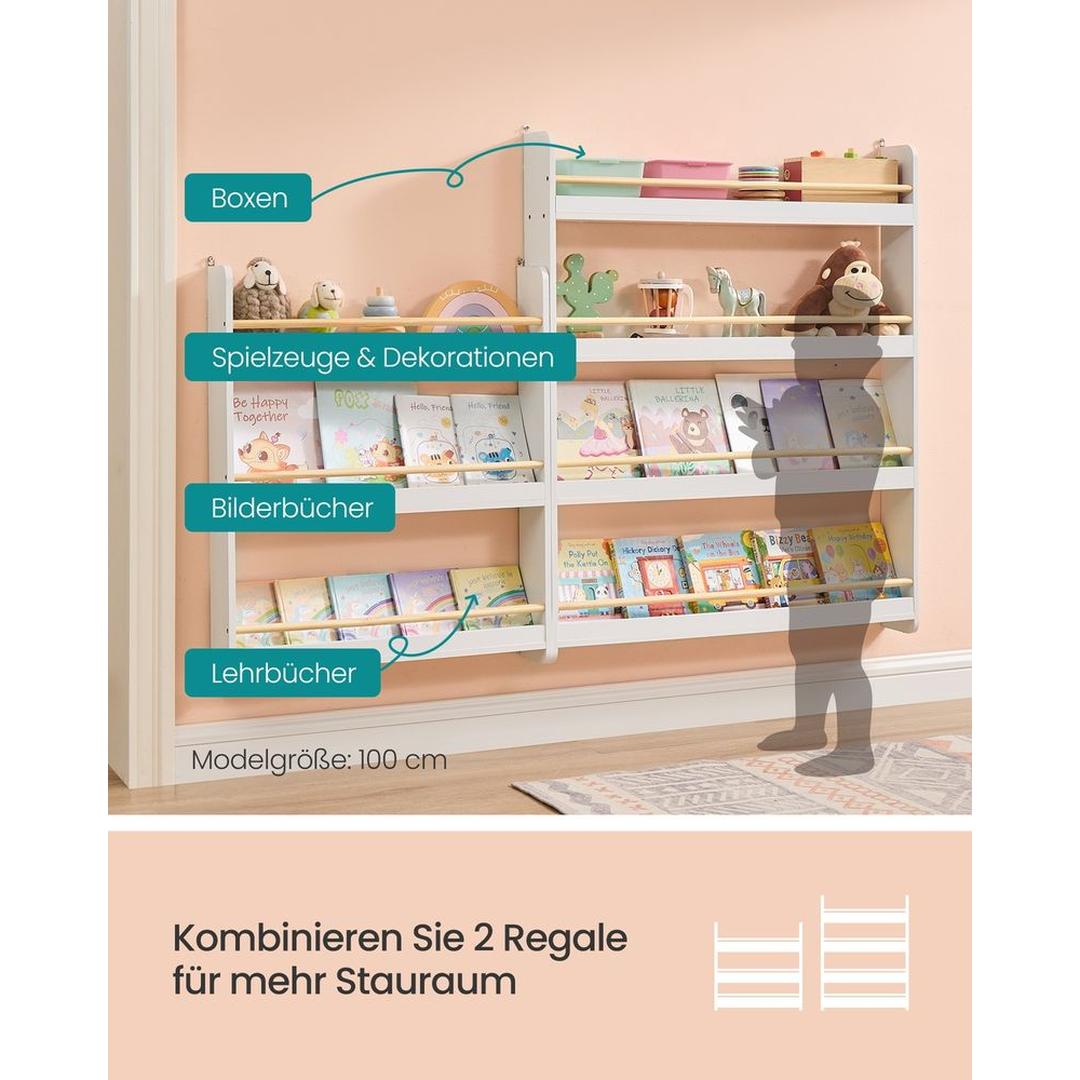 Kinderboekenkast met Legplanken – Wandboekenkast voor Boeken en Speelgoed in Wit-Naturel