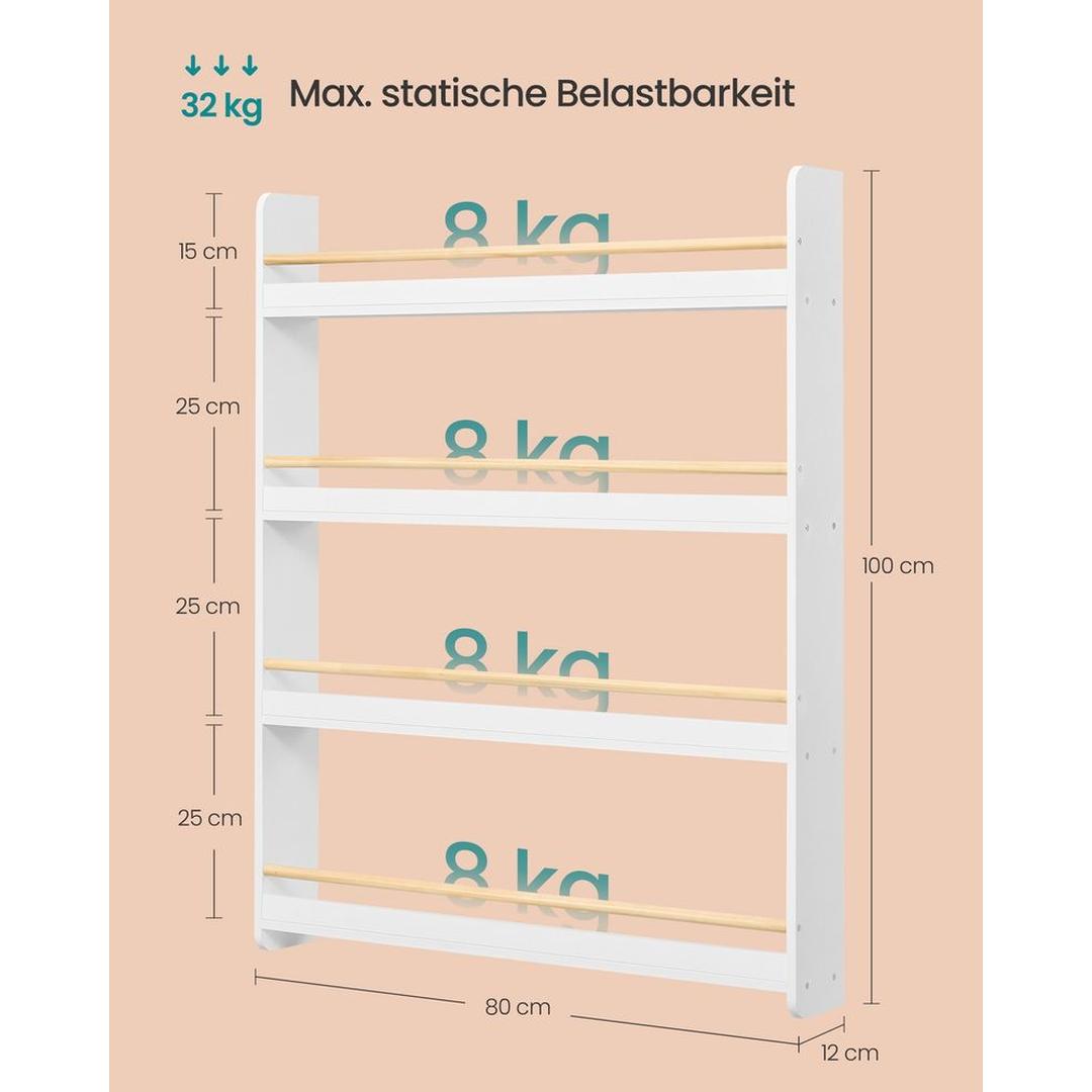 Kinderboekenkast met Legplanken – Wandboekenkast voor Boeken en Speelgoed in Wit-Naturel
