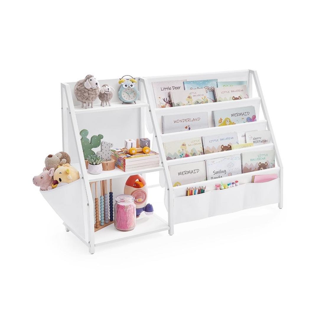 Kinderboekenkast met Opbergrek – Kinderplank met Open Vakken en Stoffen Opbergvakken