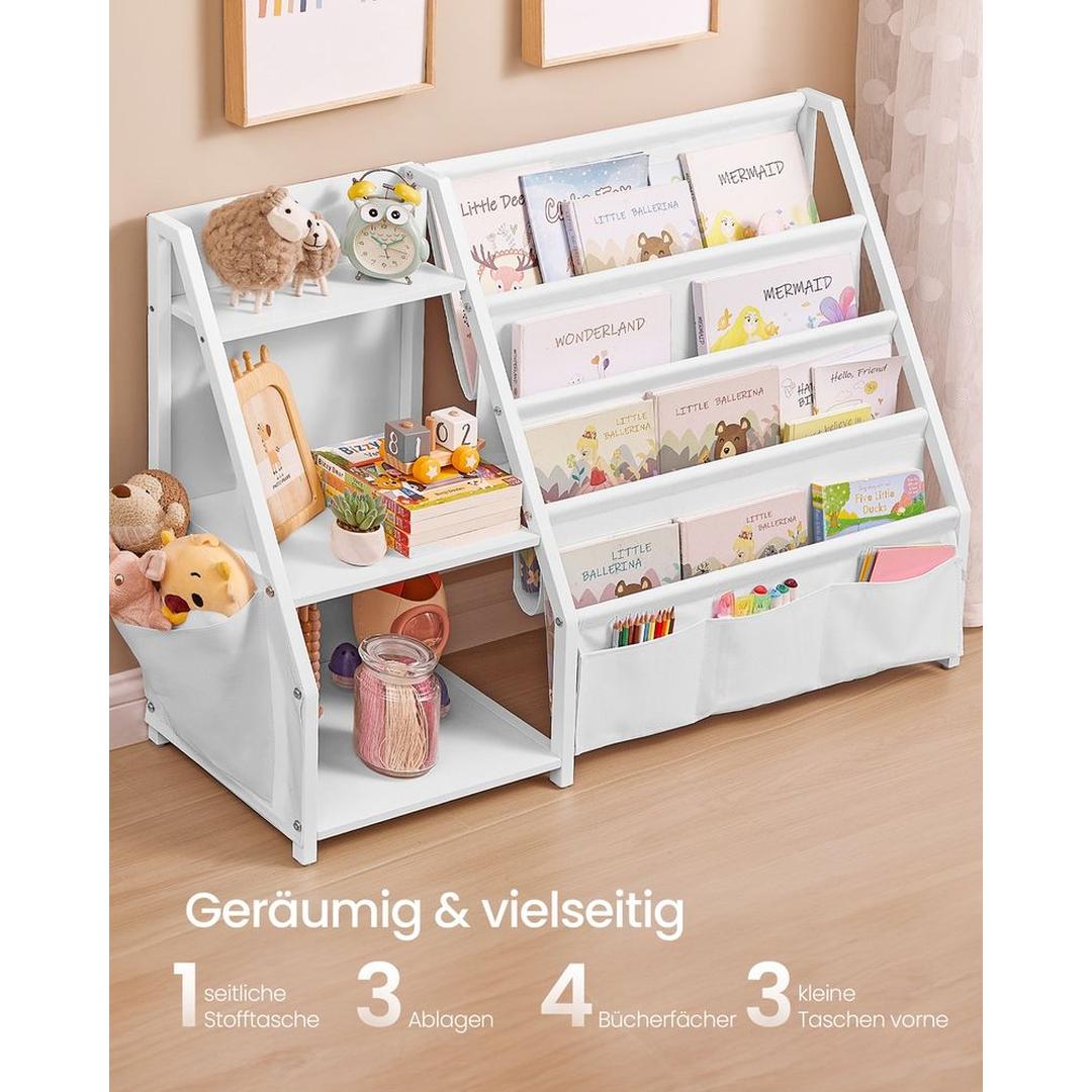 Kinderboekenkast met Opbergrek – Kinderplank met Open Vakken en Stoffen Opbergvakken