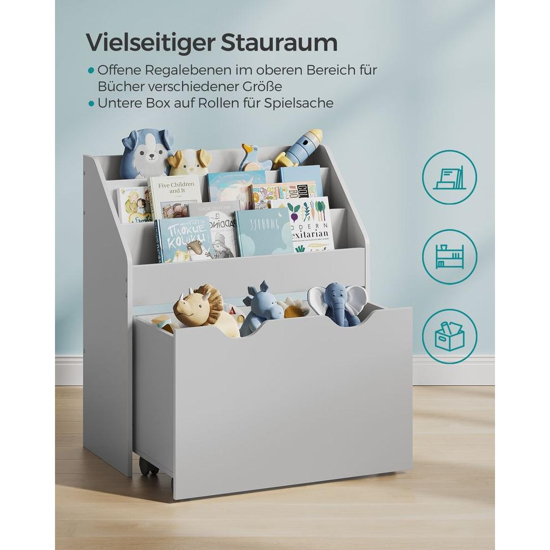 Kinder Speelgoedrek met Wielen – Opbergkast met 3 Legplanken en Uittrekbare Bak voor Boeken en Speelgoed