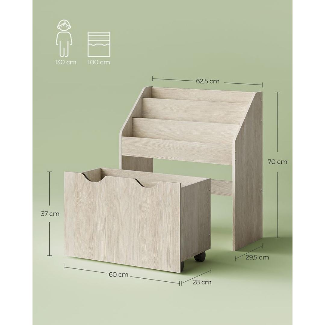 Kinder Speelgoedrek met Wielen – Opbergkast met 3 Legplanken en Uittrekbare Bak voor Boeken en Speelgoed