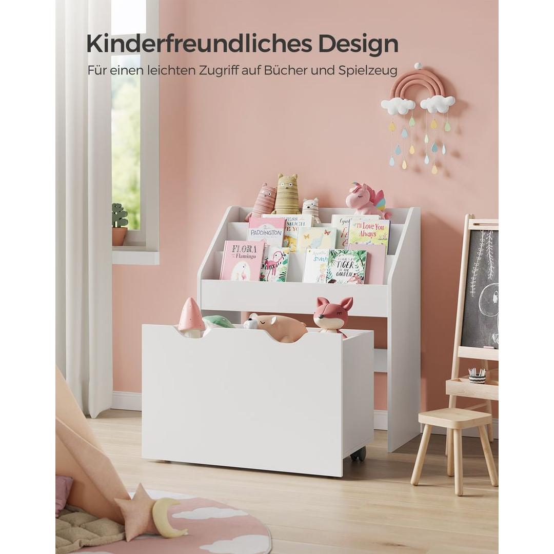 Kinder Speelgoedrek met Wielen – Opbergkast met 3 Legplanken en Uittrekbare Bak voor Boeken en Speelgoed