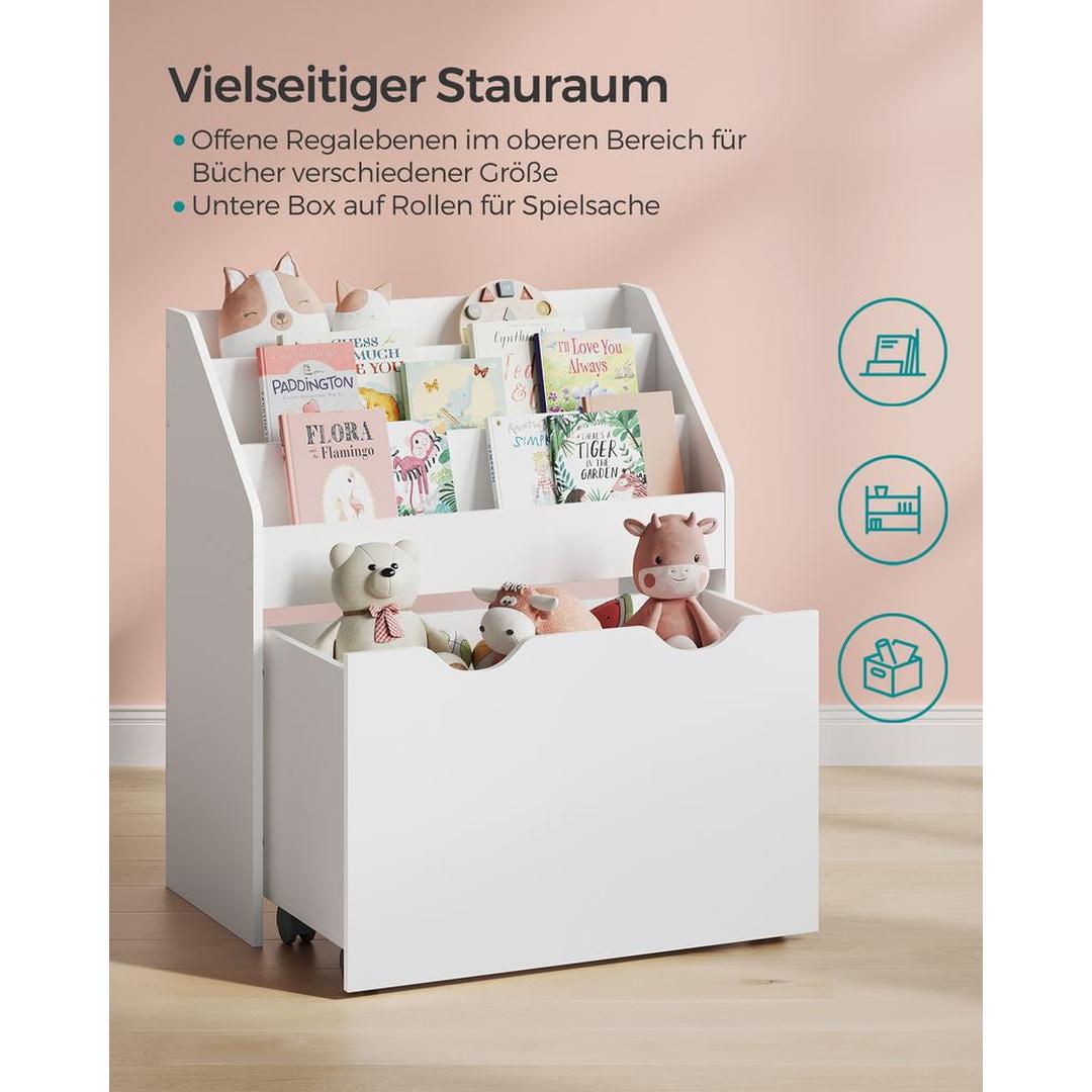Kinder Speelgoedrek met Wielen – Opbergkast met 3 Legplanken en Uittrekbare Bak voor Boeken en Speelgoed