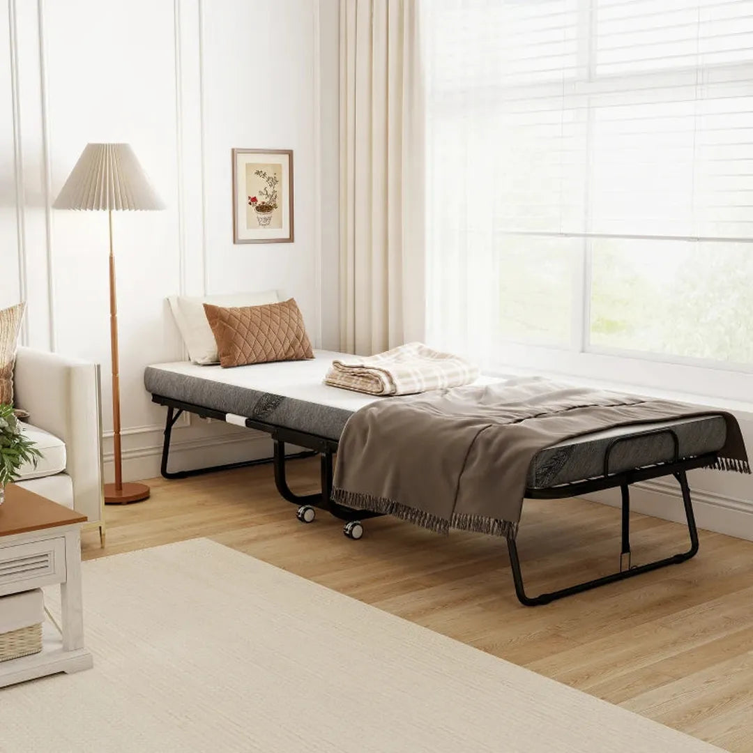 Opklapbaar logeerbed – 80x200 cm – Vouwbed met 10 cm matras en stalen frame – Met wielen – Draagvermogen 150 kg