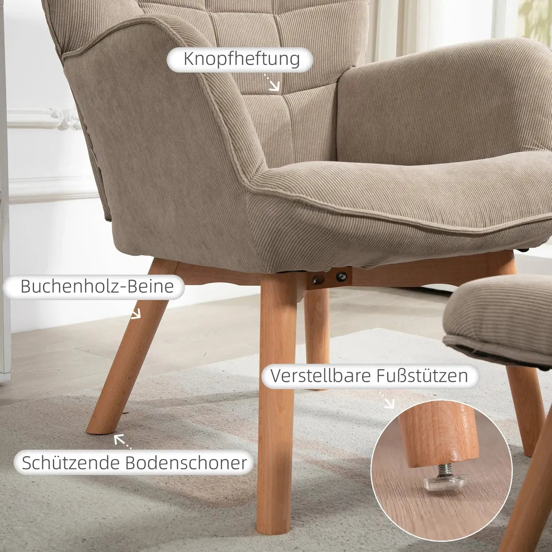 Fauteuil met Hocker – Relaxstoel in Cordstof met Armleuningen en Houten Poten, Grijs, voor Woonkamer