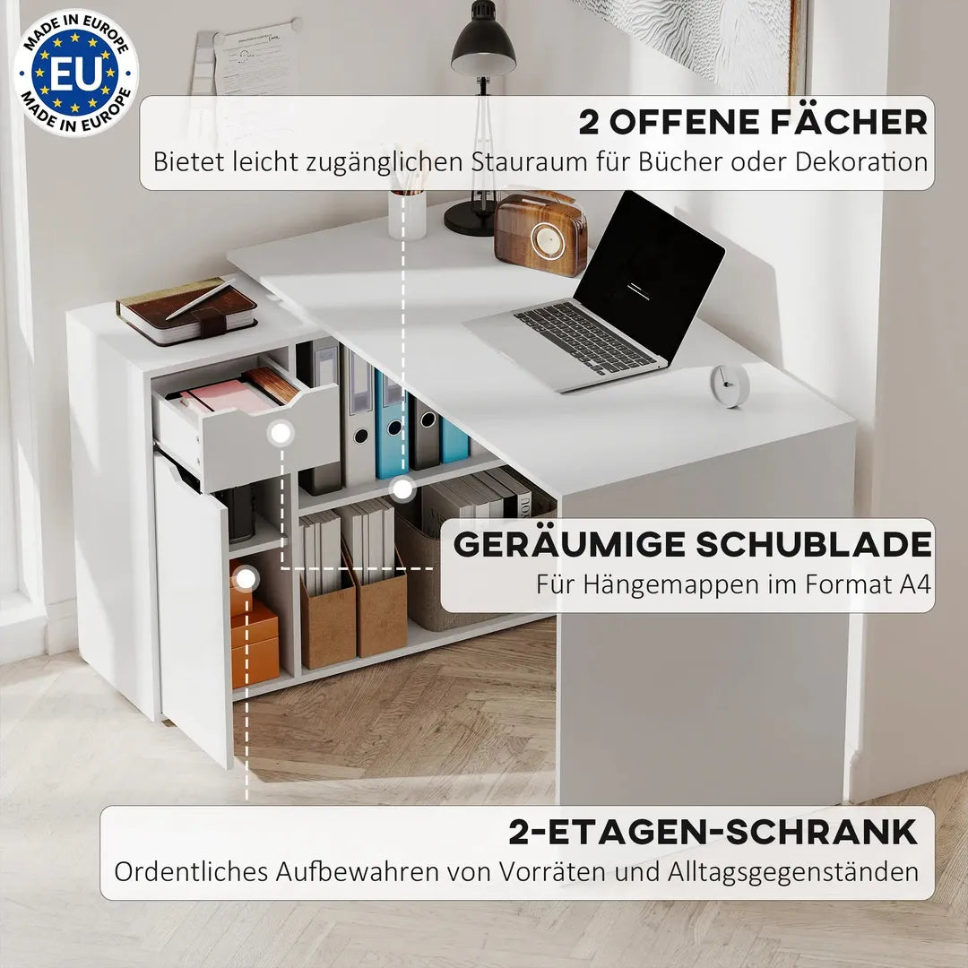 Flexibel bureau met kast en lade – hoekbureau met open vakken, hout, wit