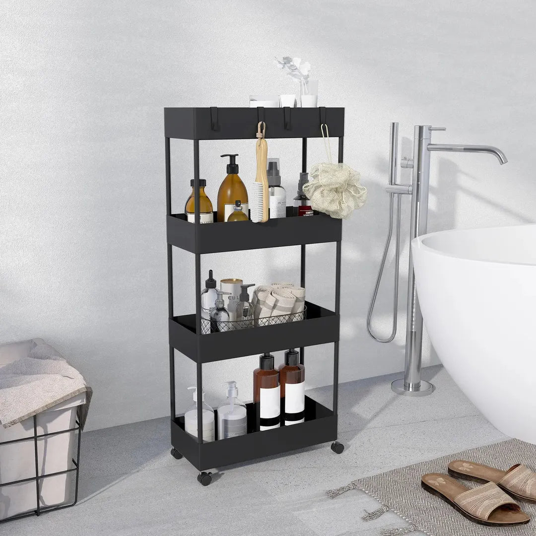 Keukenwagen met 4 legplanken en 4 haken – op wielen – Grijs – 40 × 19 × 90 cm