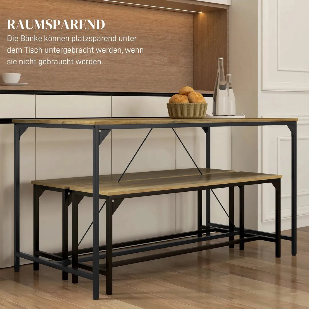 Eettafelset voor 4 Personen – Tafel met 2 Banken van Metaal en Hout, Industrieel Design, 120 x 70 x 75 cm, Zwart/Natuur