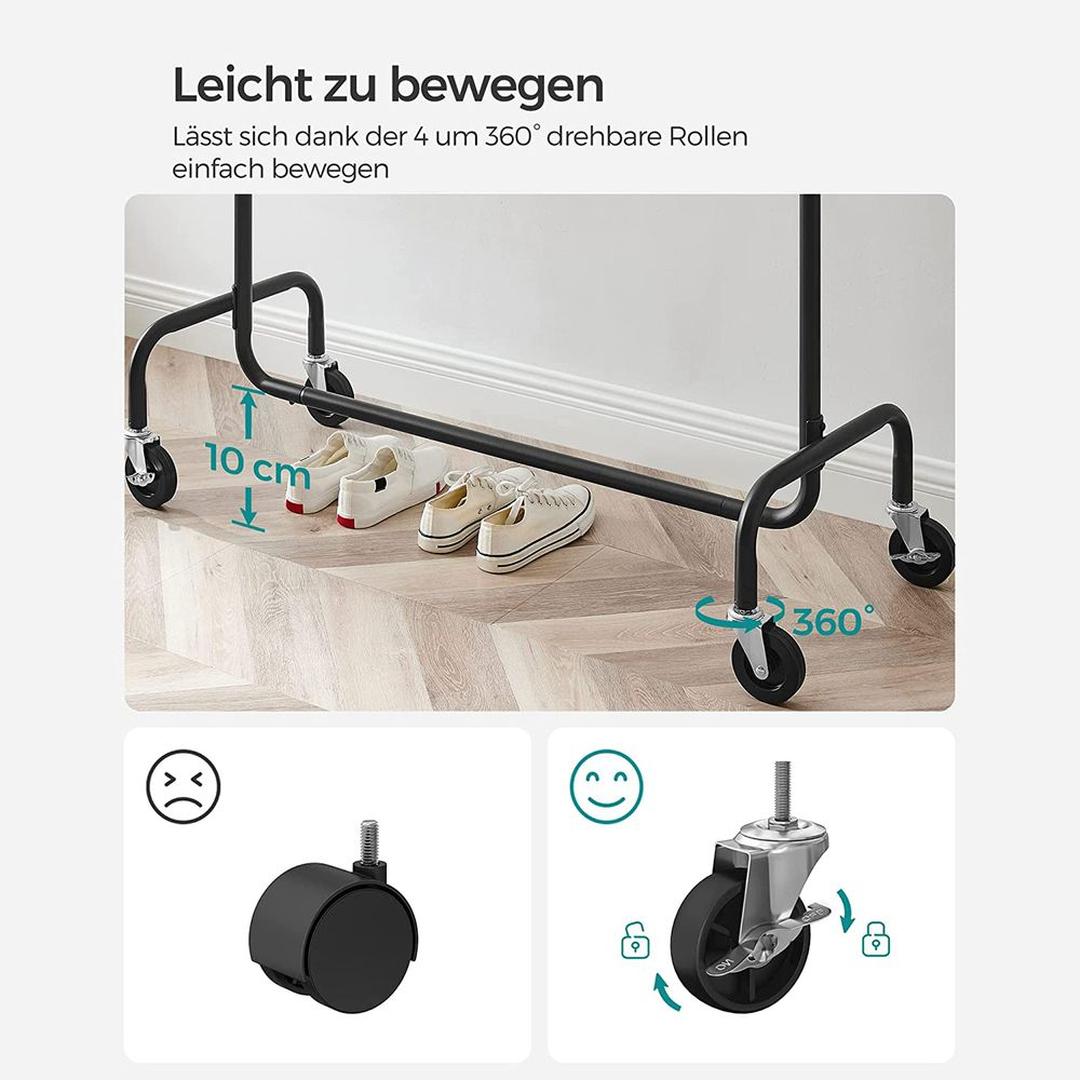 Kledingrek op wielen – uitschuifbare stang, verchroomd staal, max. draagvermogen 130 kg