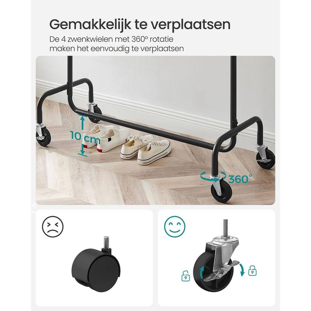 Uitschuifbaar Kledingrek van Staal – Verrijdbaar met Wielen, Verstelbare Breedte en Draagvermogen tot 136 kg