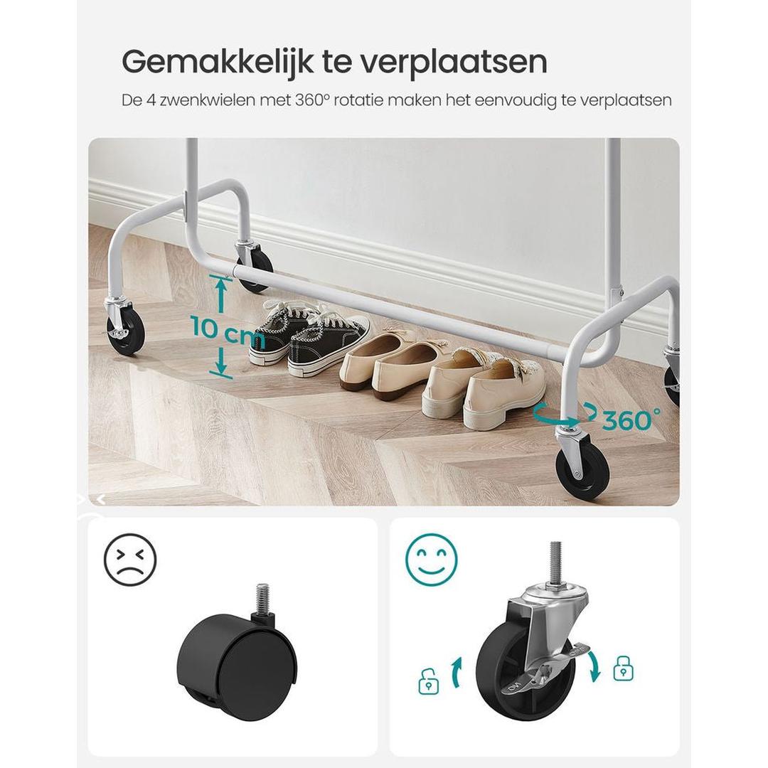 Uitschuifbaar Kledingrek van Staal – Verrijdbaar met Wielen, Verstelbare Breedte en Draagvermogen tot 136 kg