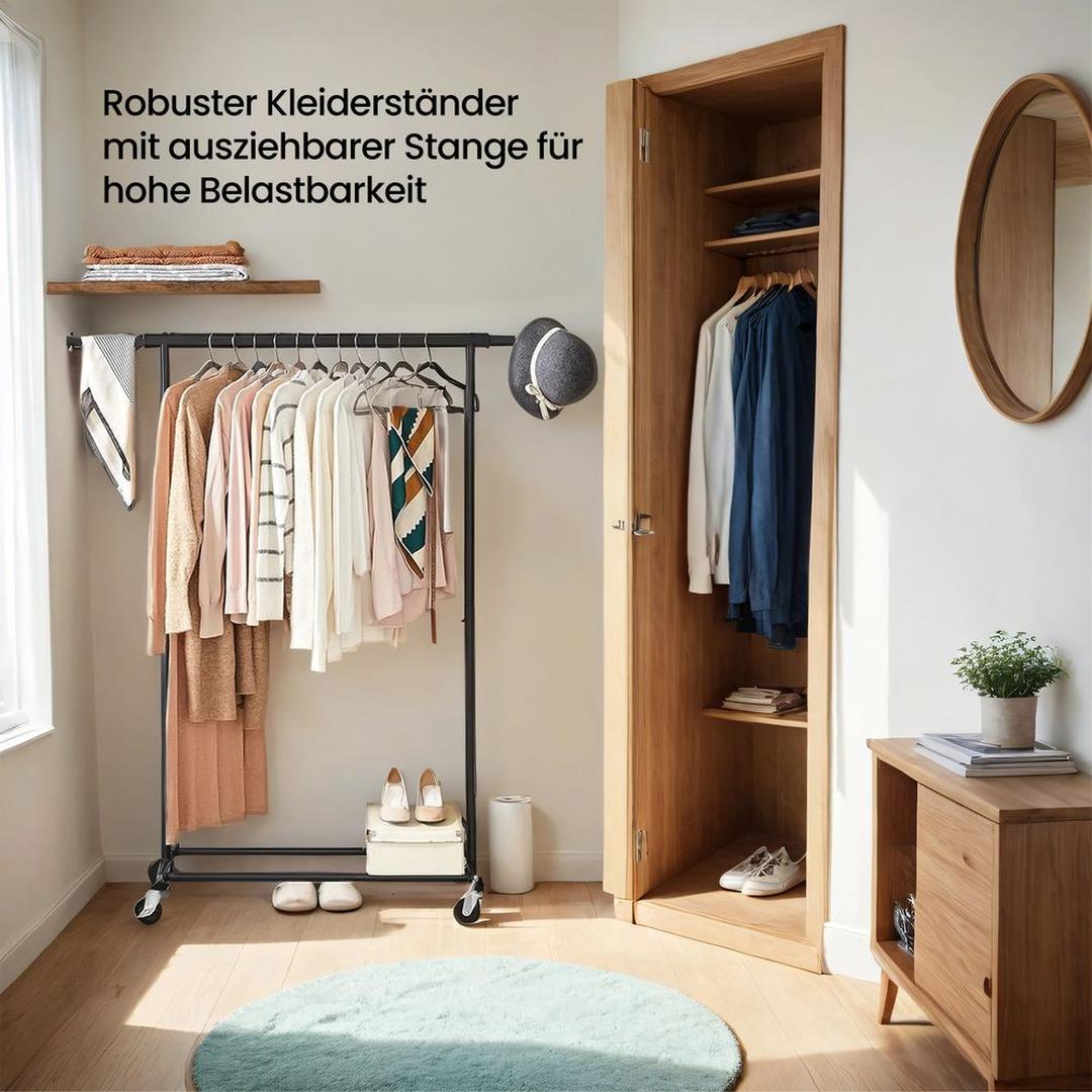 Zwaar Uitgevoerd Kledingrek op Wielen – Verrijdbare Garderobestandaard voor Jassen en Kleding