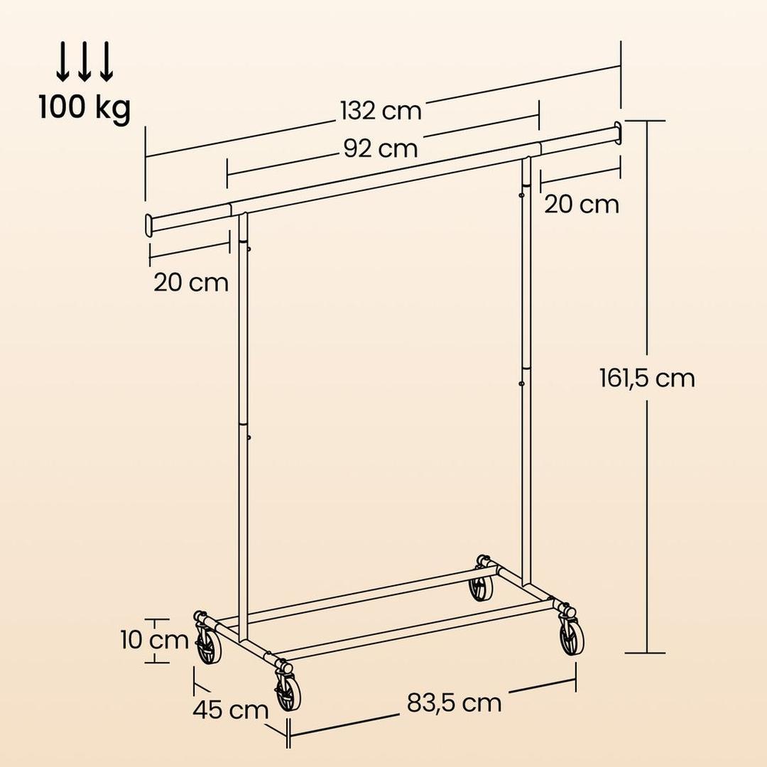 Zwaar Uitgevoerd Kledingrek op Wielen – Verrijdbare Garderobestandaard voor Jassen en Kleding