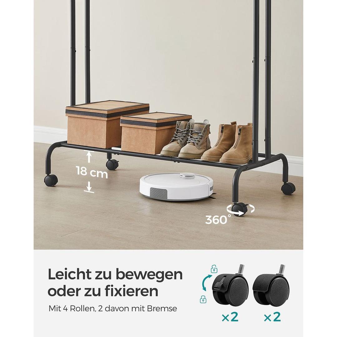 Verrijdbaar Kledingrek met Twee Ophangstangen – Zwart Dubbel Rek op Wielen voor Kledingopslag