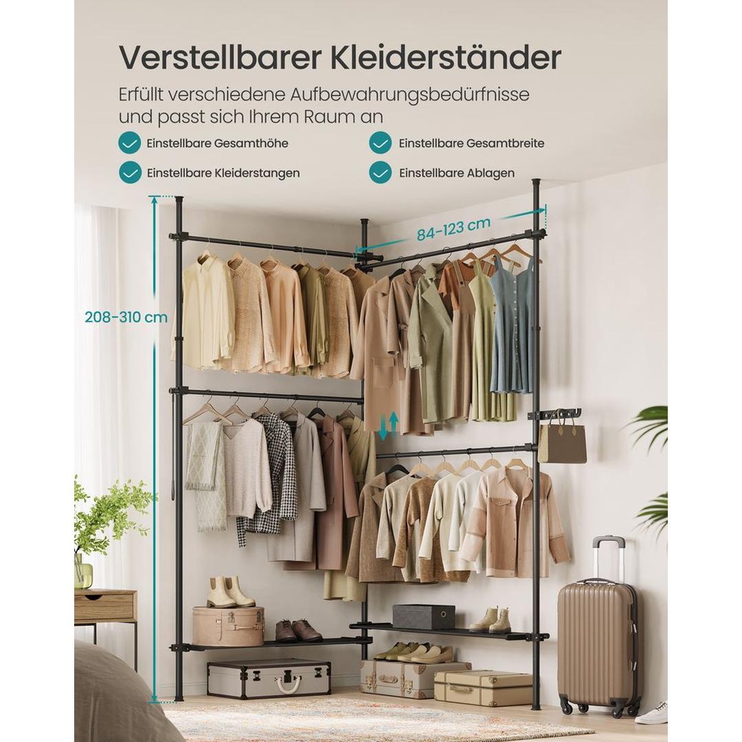 Verstelbaar Kledingrek in Breedte en Hoogte – 33,5 × 162–238 × 208–310 cm – Flexibele Opbergoplossing voor Kleding