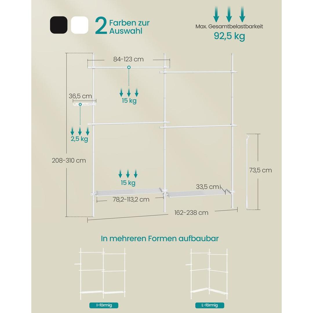 Verstelbaar Kledingrek in Breedte en Hoogte – 33,5 × 162–238 × 208–310 cm – Flexibele Opbergoplossing voor Kleding