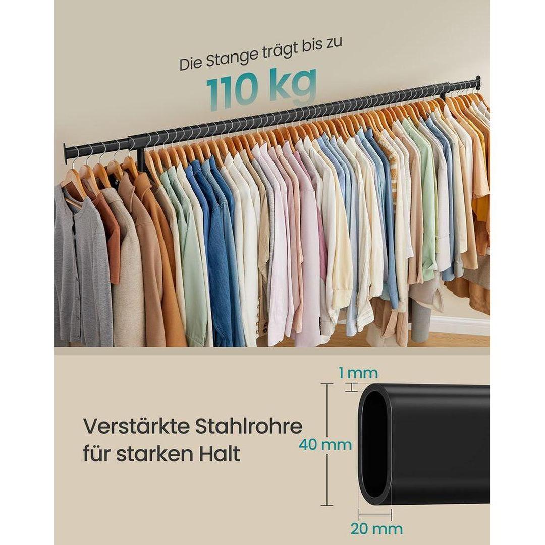 Uitschuifbaar kledingrek met wielen – verchroomd staal – 160-200 cm breed – draagvermogen 110 kg