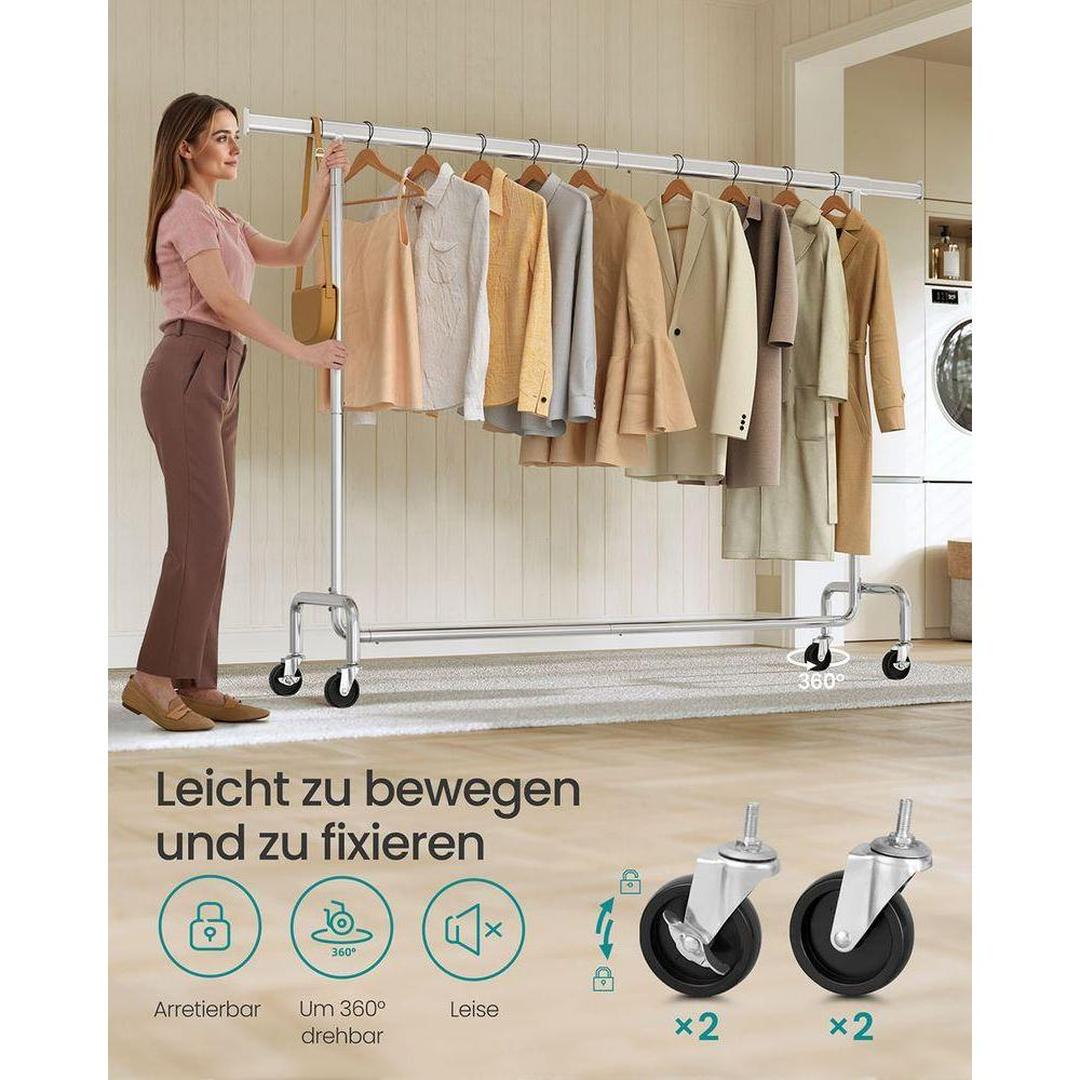 Uitschuifbaar kledingrek met wielen – verchroomd staal – 160-200 cm breed – draagvermogen 110 kg