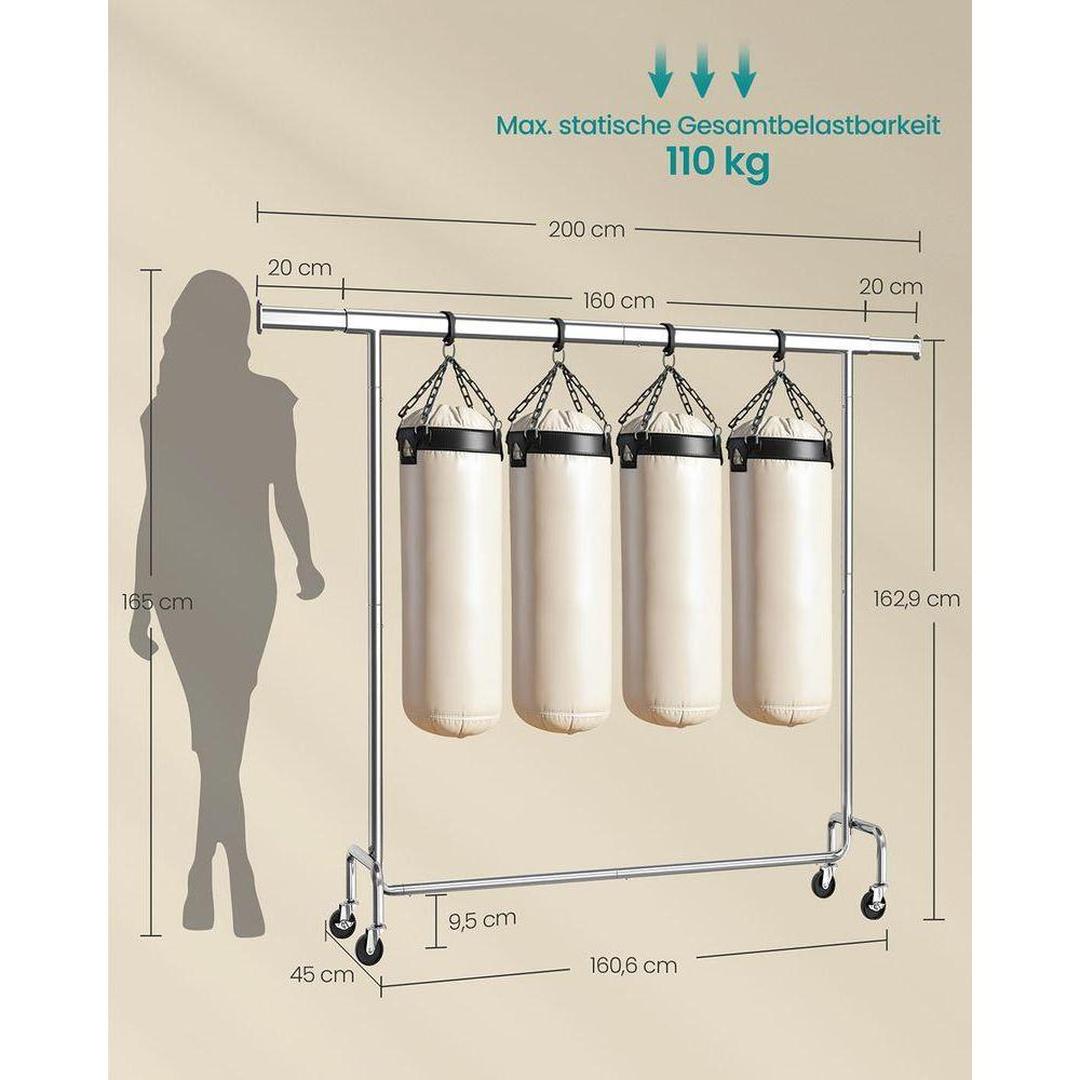 Uitschuifbaar kledingrek met wielen – verchroomd staal – 160-200 cm breed – draagvermogen 110 kg