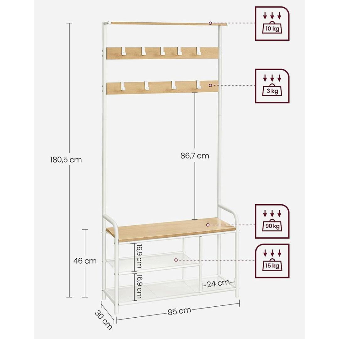 Vrijstaande Kapstok met 9 Haken – 30 × 85 × 180,5 cm – In Eikenkleur en Wit – Slank Halmeubel