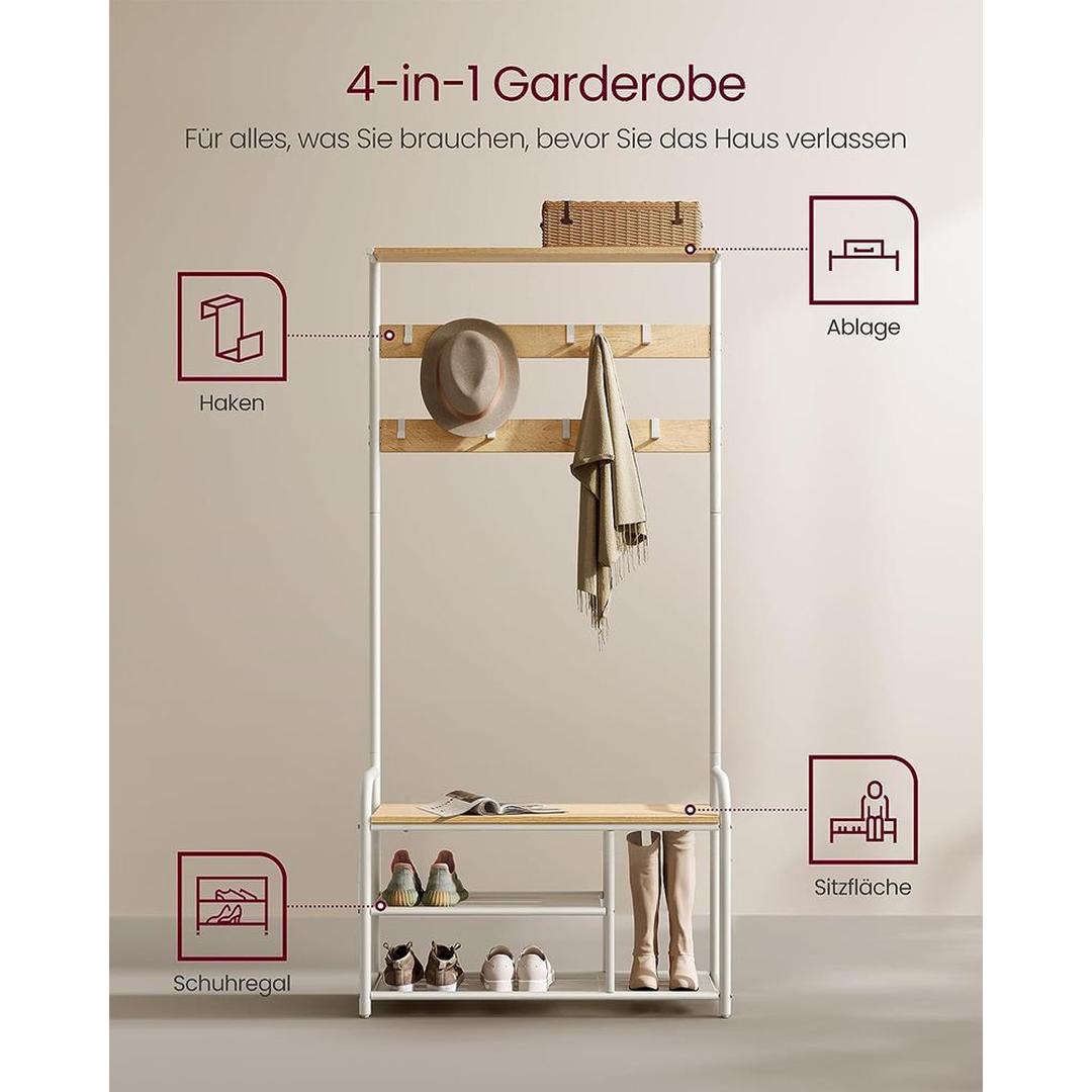 Vrijstaande Kapstok met 9 Haken – 30 × 85 × 180,5 cm – In Eikenkleur en Wit – Slank Halmeubel